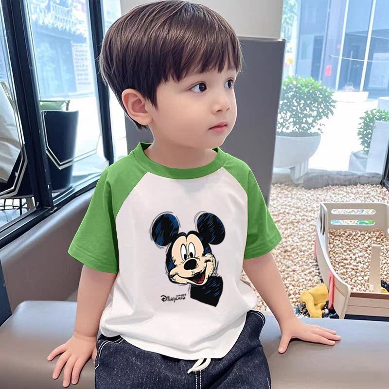 纯棉男童拼色圆领短袖t恤2026夏季新款中小儿童宝宝韩版印花上衣