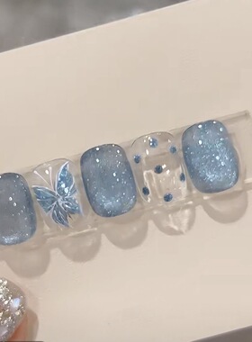 显白高级感穿戴甲梦幻蝴蝶猫眼蓝色波点美甲指甲贴片可拆卸纯欲夏
