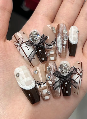 半手工辣妹穿戴甲贴片黑色法式美甲蝴蝶结可拆卸甲片指甲手工成品