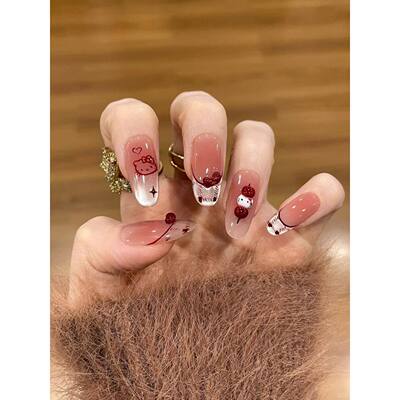 纯手工法式猫眼可爱KT糖葫芦蝴蝶结手绘爱心百搭显白美甲穿戴甲