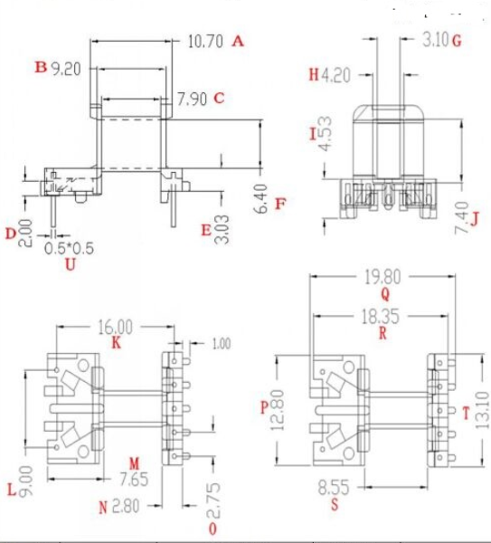 EE13磁芯骨架安规卧式5+2针高频变压器电源材料单边加宽排距16mm