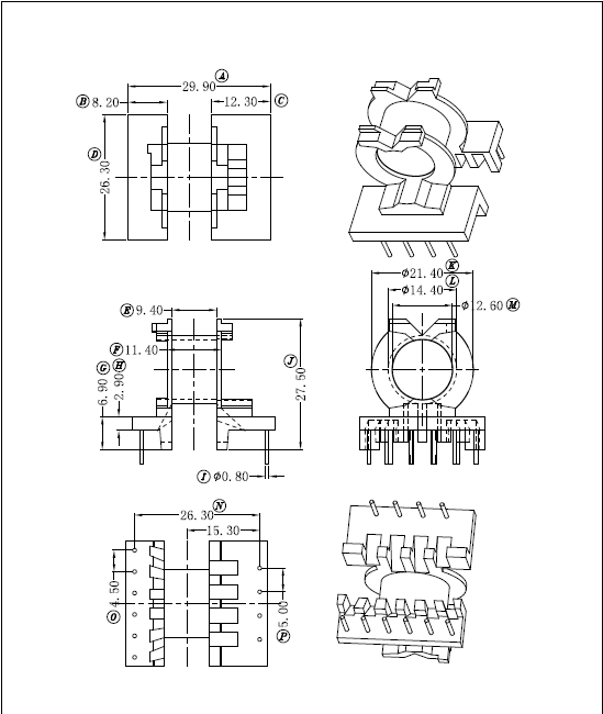 PQ2620磁芯骨架卧式4+6针 排距26.3mm高频变压器电源配件材料