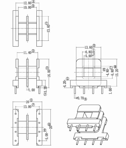 EE19高频变压器磁芯双槽骨架配套卧式4+4针排距13mm脚距5mm