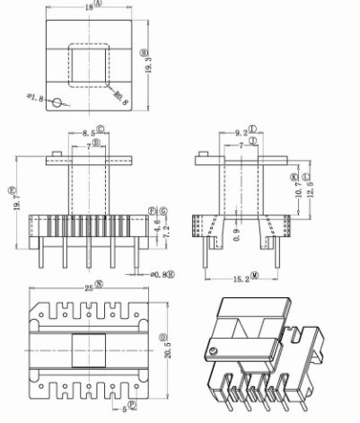 EE25磁芯PC44材质电木骨架立式5+5针排距15.2mm高频变压器电源