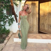 fit strapless solid Slim color sexy dress修身 性感抹胸连衣裙