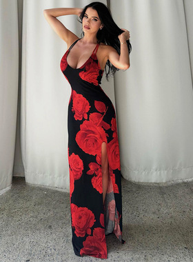 Split suspender fashionable printed dress开叉吊带印花连衣裙