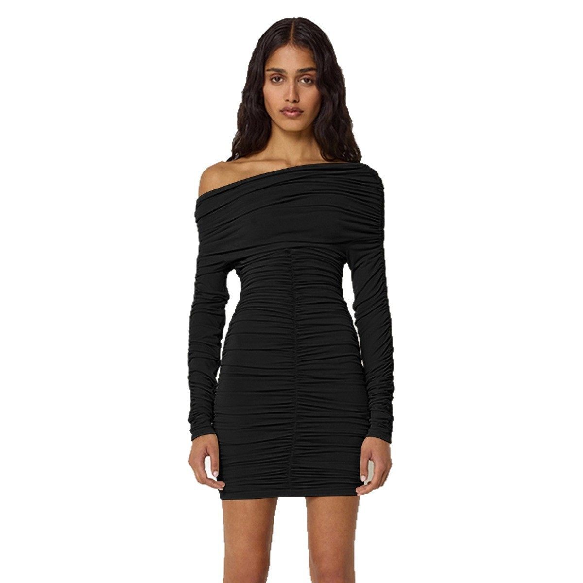 性感一字领抹胸褶皱连衣裙