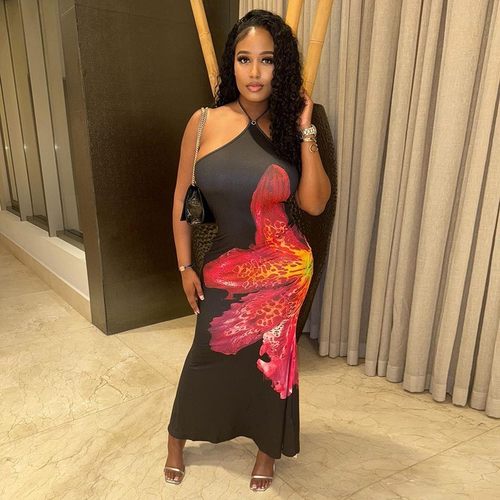 性感修身抹胸花朵印花连衣裙