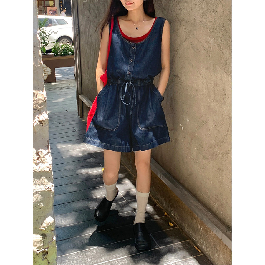 黄峥复古抽绳背心牛仔连体裤套装女2024夏休闲阔腿两件套142KH572