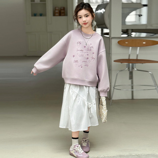 儿童女童卫衣2025秋季新款洋气中大童加绒一体圆领无帽春秋