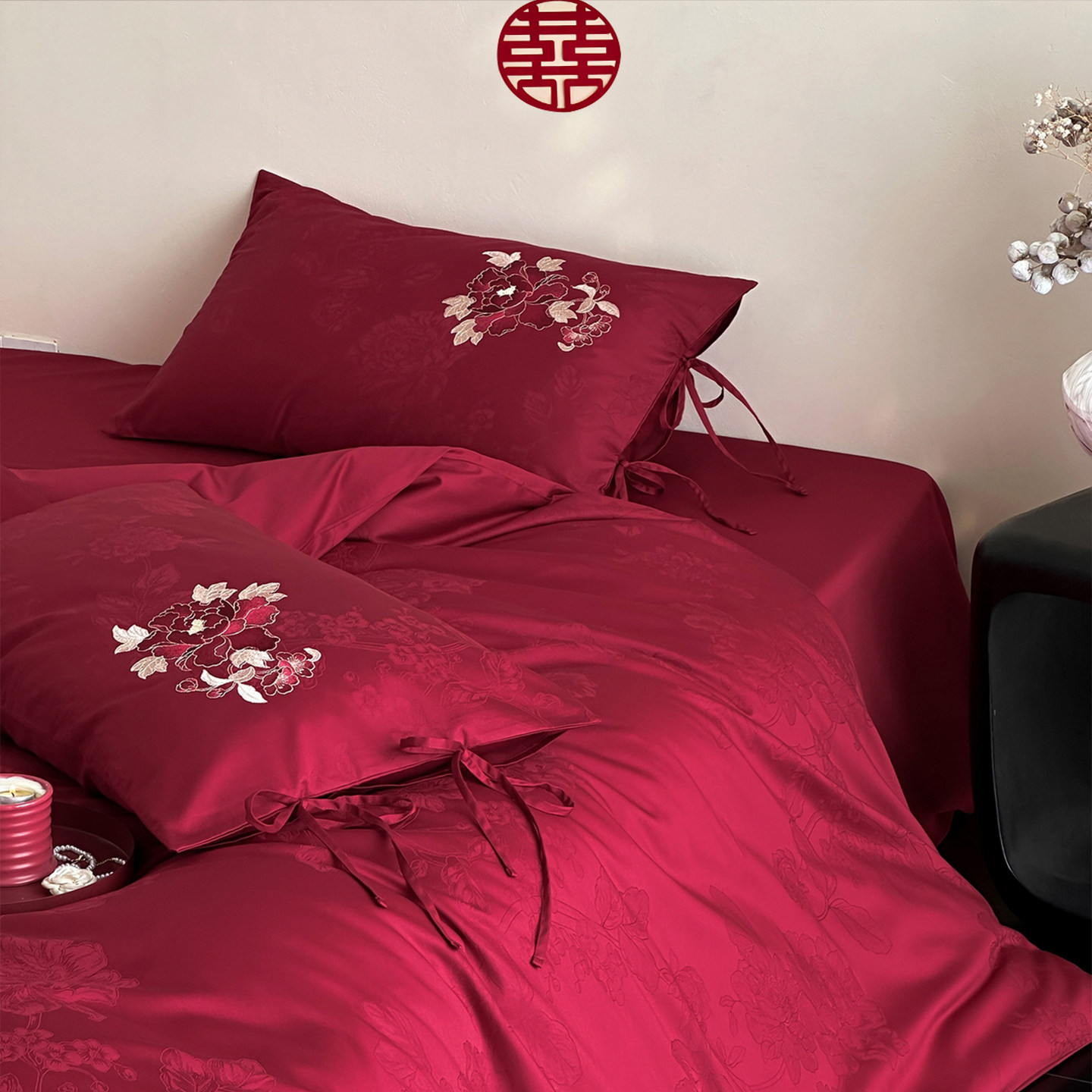新婚酒红长绒棉提花四件套全棉