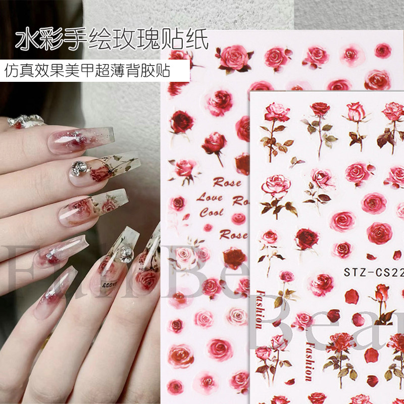 水彩手绘玫瑰花贴纸美甲仿真彩绘背胶超薄服贴暗黑血色指甲饰品贴