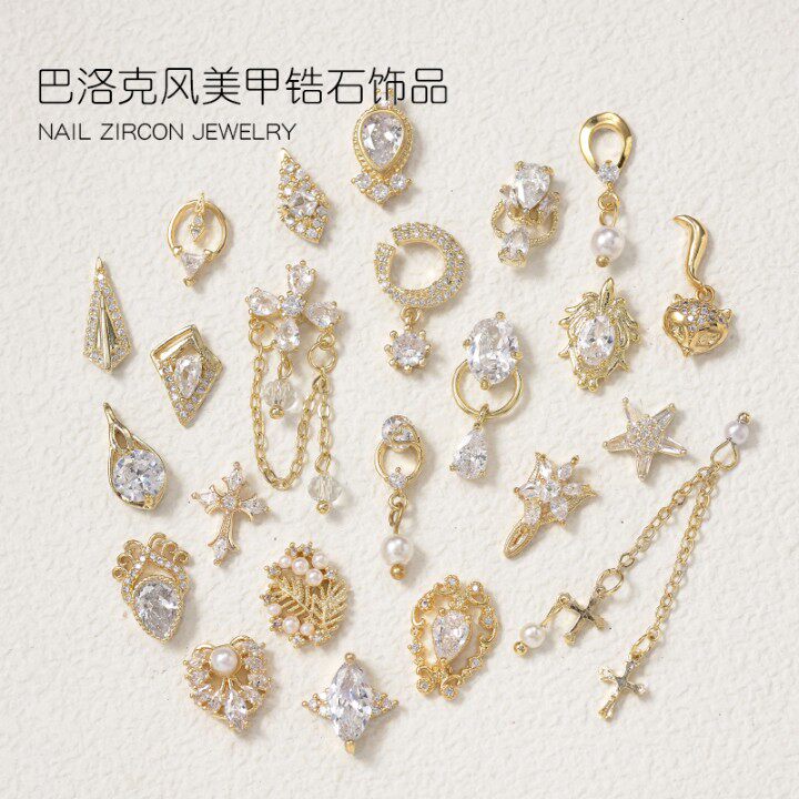 新款经典美甲锆石镶嵌金色金属指甲钻石珍珠流苏吊坠饰品