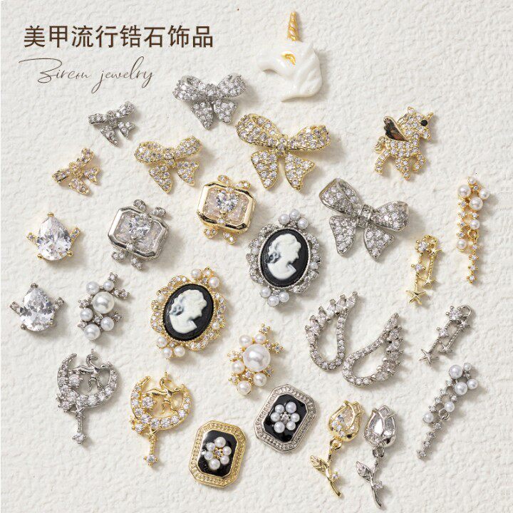 美甲金属锆石饰品指甲镶钻网红满钻蝴蝶结链条珍珠金银翅膀美人头
