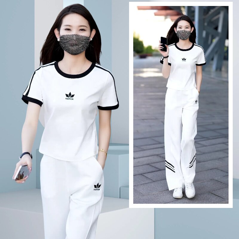 时尚休闲圆领短袖窄版阔腿裤两件套女2024夏季减龄运动服套装女