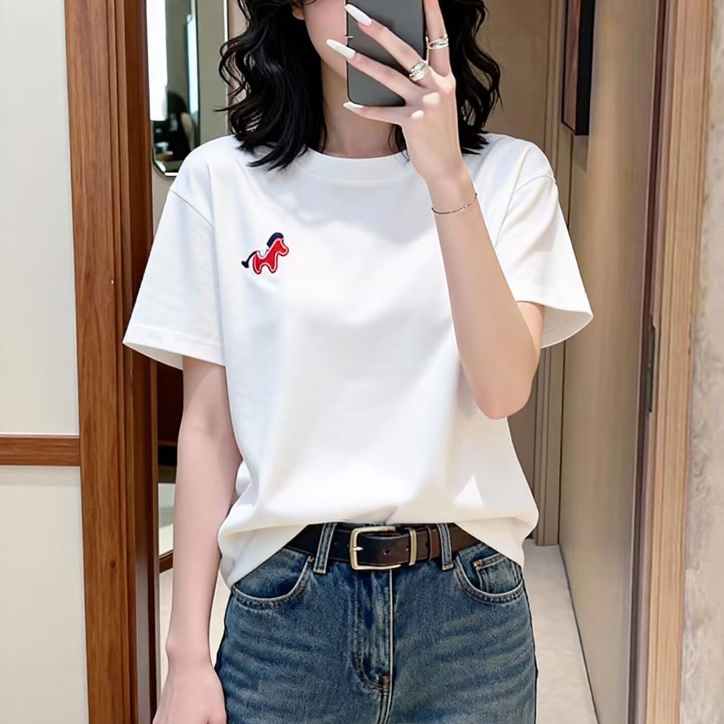 夏季新款马年正肩纯棉圆领短袖t恤女设计感时尚百搭白色上衣爆款