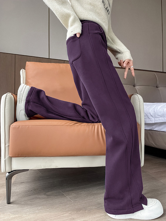 乌梅紫色卫裤女秋冬季小个子加绒直筒运动裤春秋窄版香蕉阔腿裤子