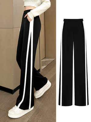 休闲运动阔腿裤女春秋季2025新款高腰垂感胖mm大码小个子直筒黑色