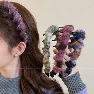 复古毛线晕染波浪带齿发箍女高颅顶压发洗脸头箍碎发整理发捆头饰