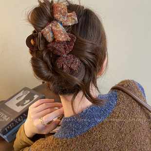 糖炒栗子~双拼毛呢蝴蝶结抓夹女大号后脑勺盘发鲨鱼夹高级感发夹