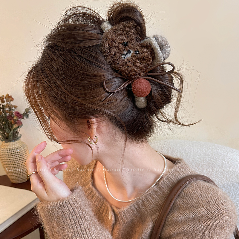 卡通大脸熊毛绒抓夹女秋冬