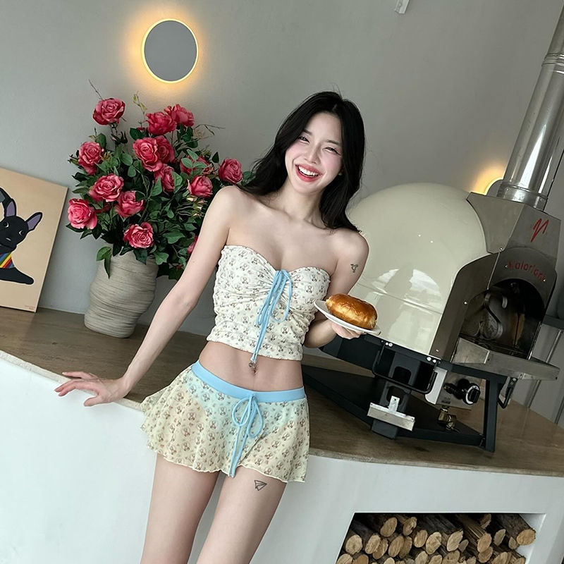 甜美碎花分体裙式抹胸比基尼游泳衣女纯欲风小胸聚拢性感泡温泉夏