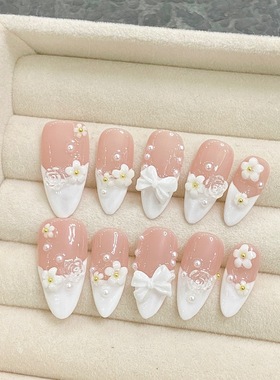 纯手工实拍美甲穿戴甲假指甲贴春夏裸色白色小花显白仙女美甲成品