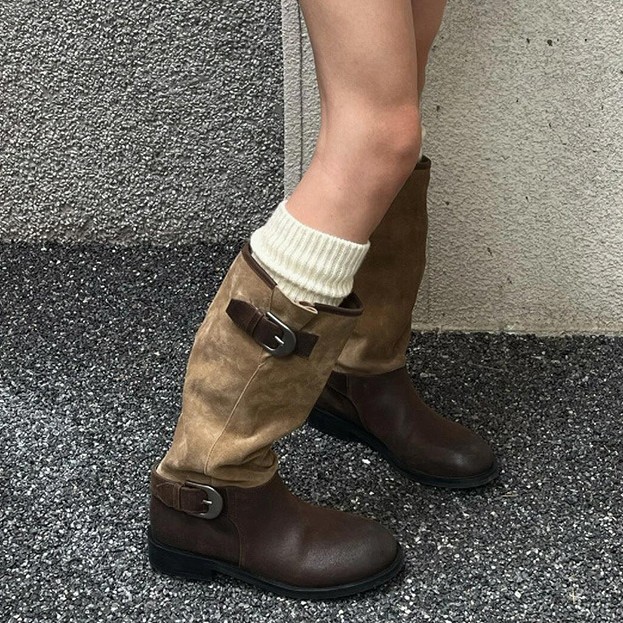 金属搭扣高筒堆堆靴女复古中筒靴绒面慵懒风长靴子圆头拼接骑士靴
