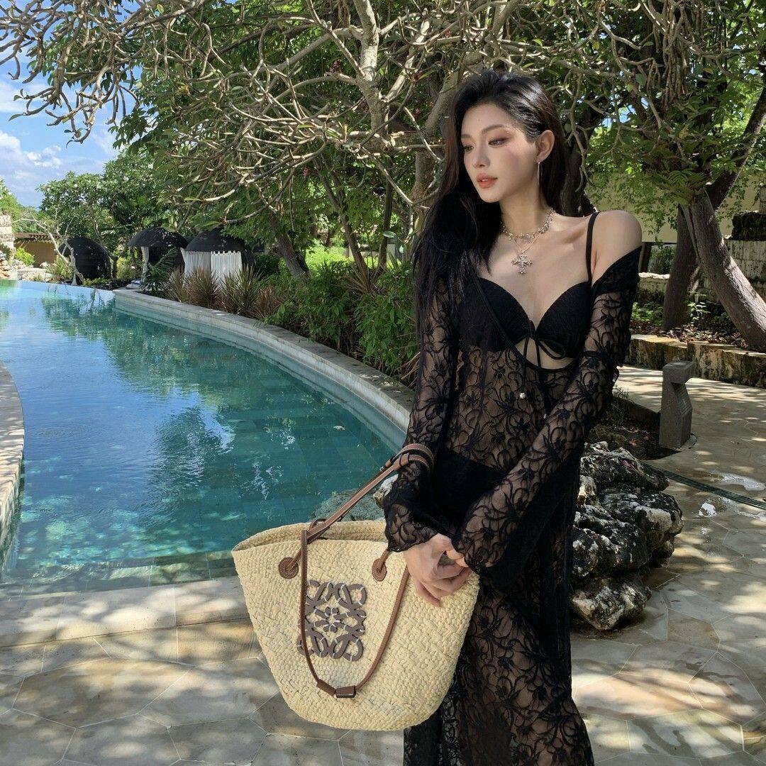 透视性感黑色比基尼小胸钢托聚拢低胸显身材蕾丝长裙海岛度假泳装