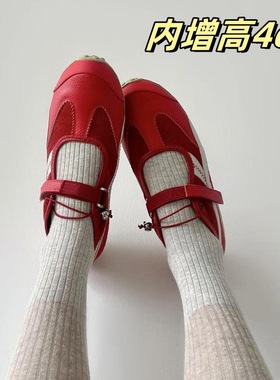 牛皮版~内增高小众复古红色玛丽珍鞋女真皮休闲运动鞋芭蕾舞单鞋