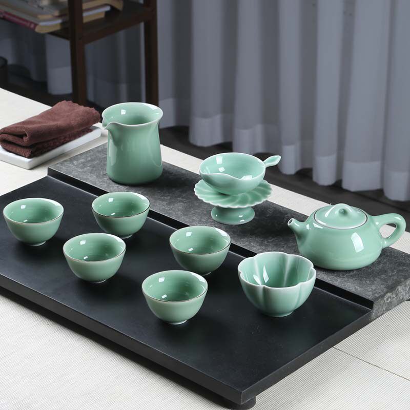 青瓷手工功夫茶具套装家用送礼简约龙泉陶瓷整套石瓢茶壶盖碗茶杯