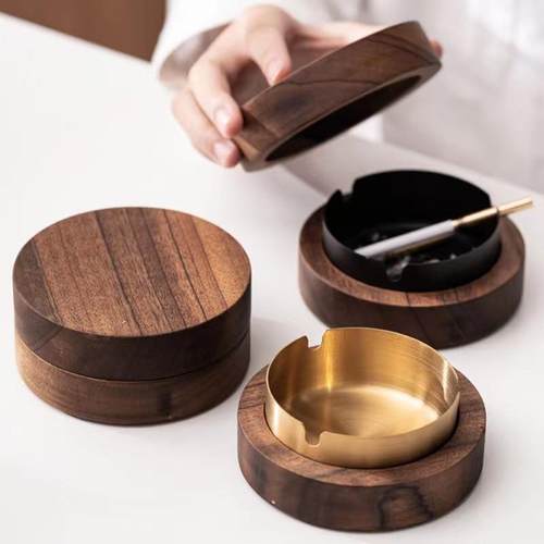 木质不锈钢内胆带盖烟灰缸家用办公室客厅酒店商用防飞灰烟灰缸定