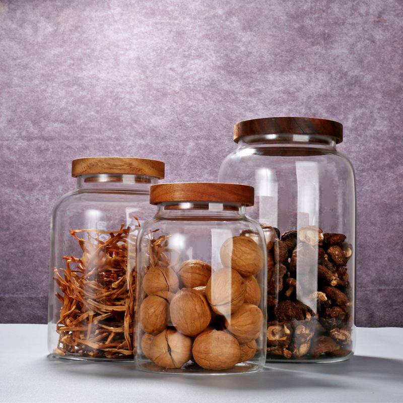 储物罐家用相思木盖厨房杂粮咖啡豆茶叶储物罐高硼硅玻璃密封罐