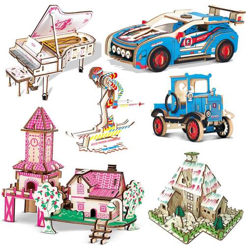 地摊3D立体拼图木制建筑模型儿童积木拼装益智幼儿园早教玩具