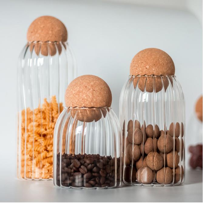 现货储物罐坚果密封罐圆球软木塞竖纹玻璃罐子厨房茶罐干果收纳罐