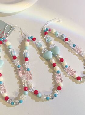 小清新爱心跳色系珠珠手链吊坠通用手机壳相机CCD挂件女PSP挂件