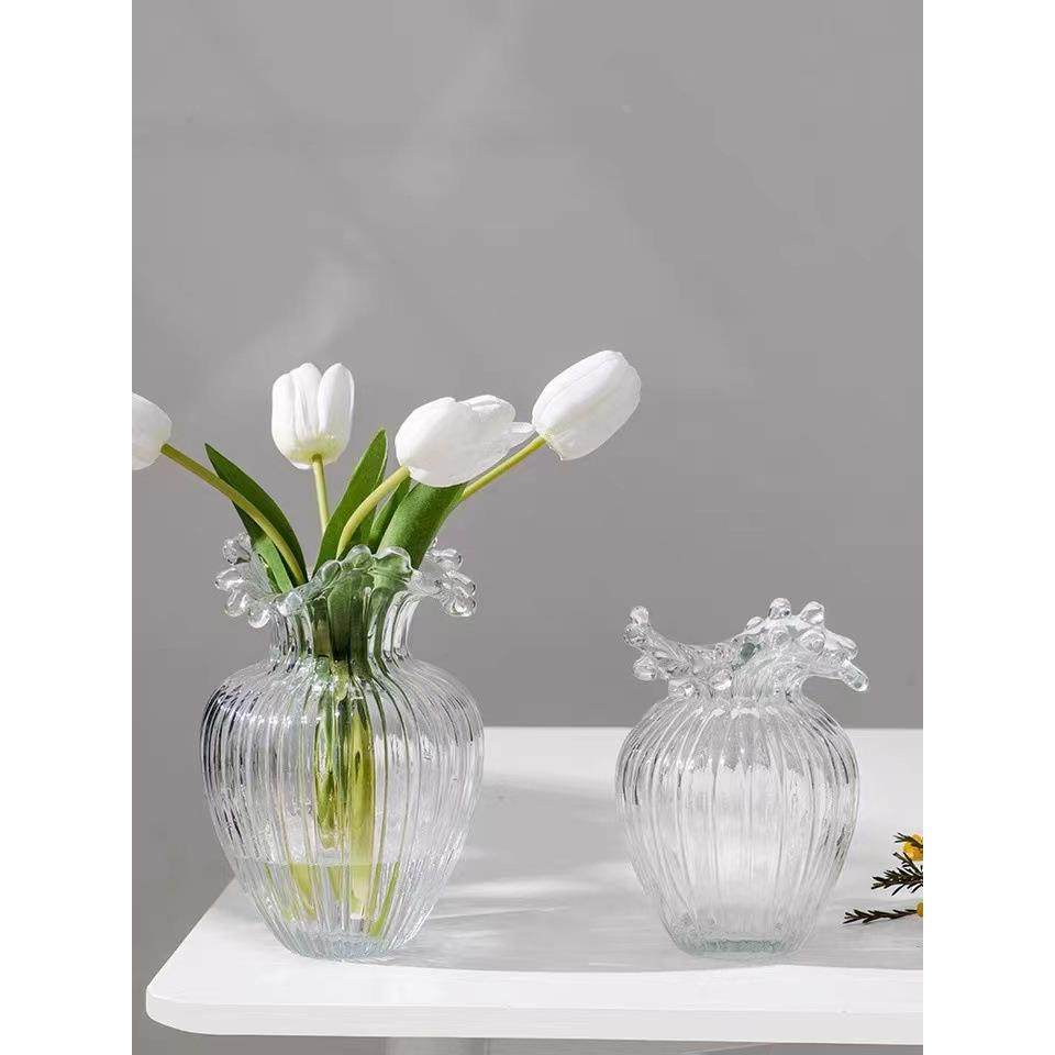 北欧式卷边浪花口玻璃花瓶创意客厅简约透明鲜花水培养网红插花器