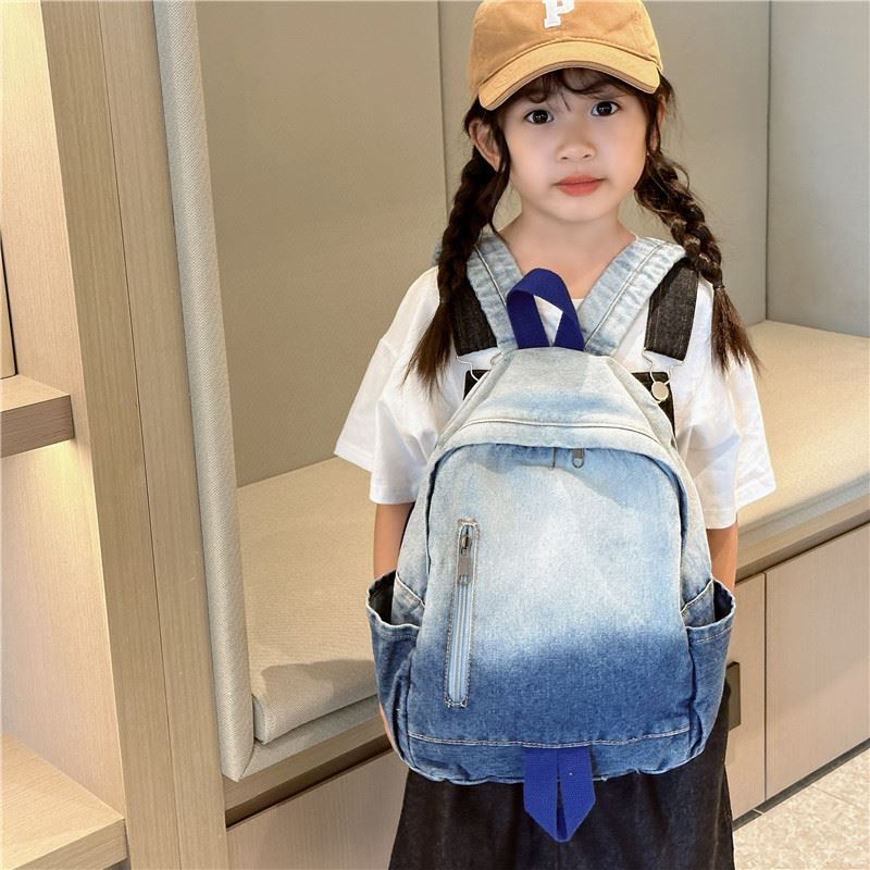 女童背包新款休闲简约水洗牛仔帆布双肩背包儿童渐变色幼儿园书包