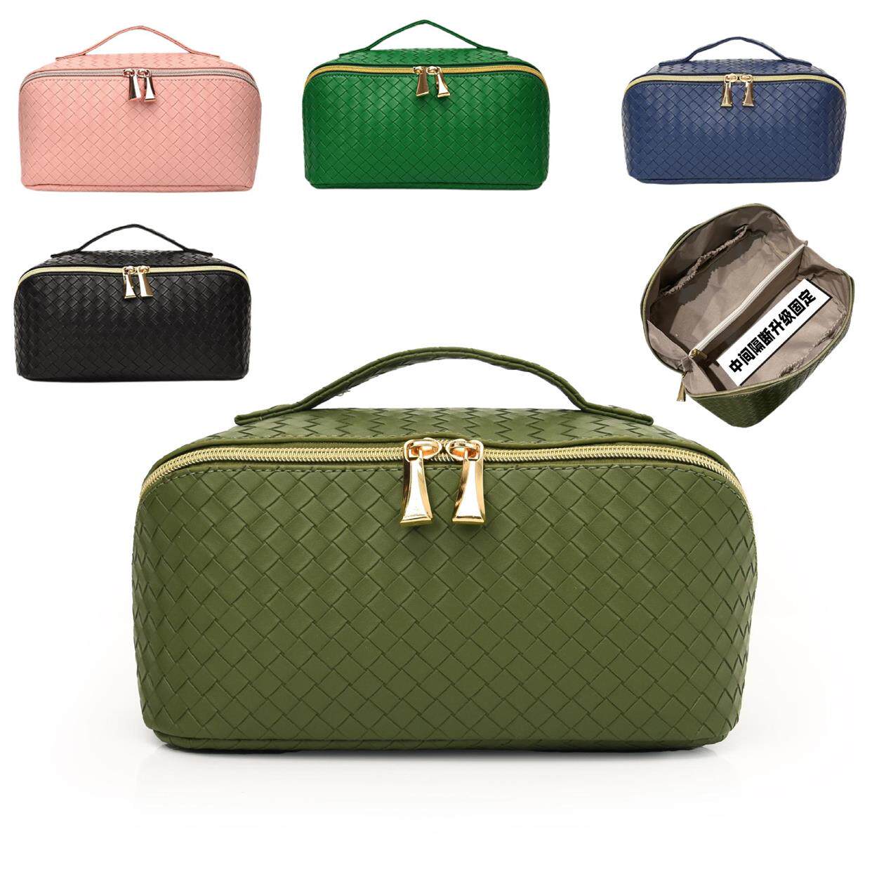 新款编织纹pu皮平铺化妆包大容量护肤品手提收纳包化妆师包