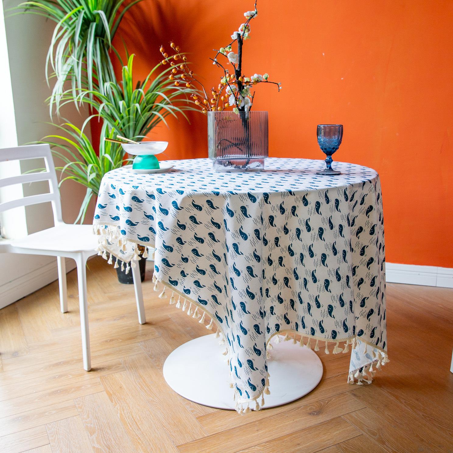 蓝色印花日本餐桌布素色鲸鱼棉麻布艺盖布茶艺术日式海洋台布定制