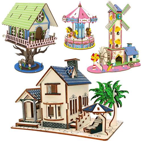 地摊 木制3D立体拼图儿童益智DIY拼装建筑模型手工课活动玩具