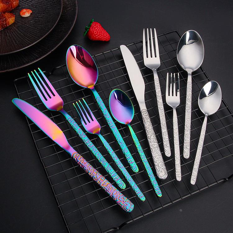 石纹不锈钢餐具刀叉勺创意浮雕西餐酒店牛排刀家用甜品叉勺定制