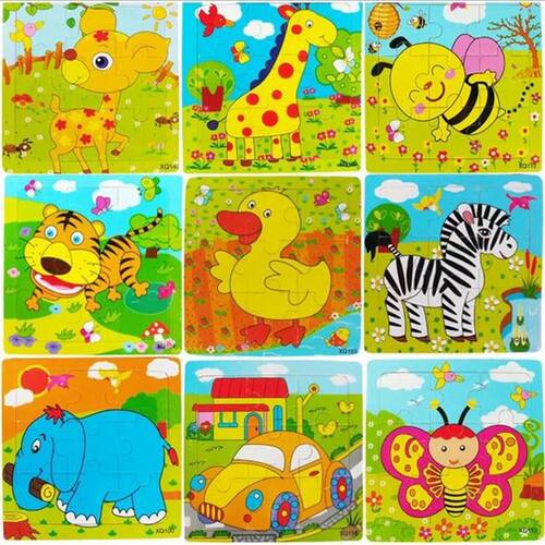 9片木制儿童拼图幼儿早教益智卡通动物交通认知拼板地摊玩具