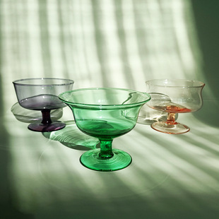 原色玻璃冰激凌杯鸡尾酒杯彩色甜品杯vintage复古高脚杯中古杯子