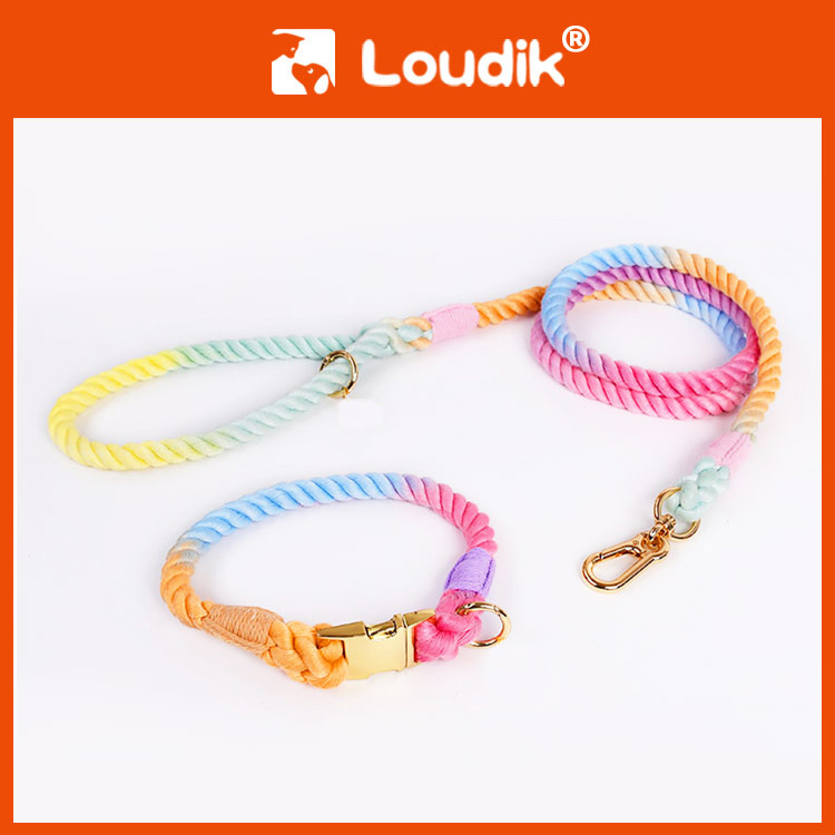 编织渐变彩色棉绳狗狗宠物牵引绳项圈套装中大犬亚马逊新品