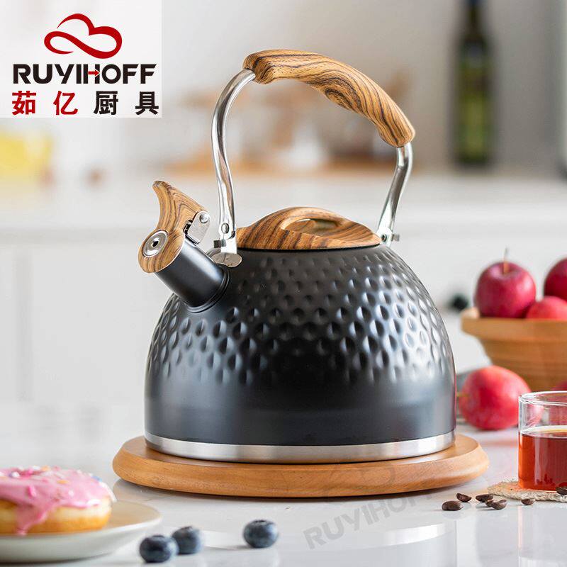 新款鸣笛烧水壶黑3L锤纹鸣音水壶欧美厨房不锈钢口哨壶