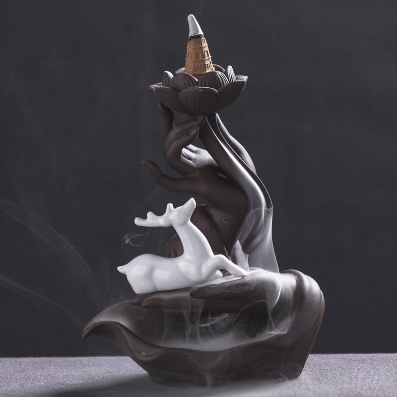 跨境紫砂莲花佛手倒流香炉创意白色小鹿佛手塔香炉家居工艺品摆件