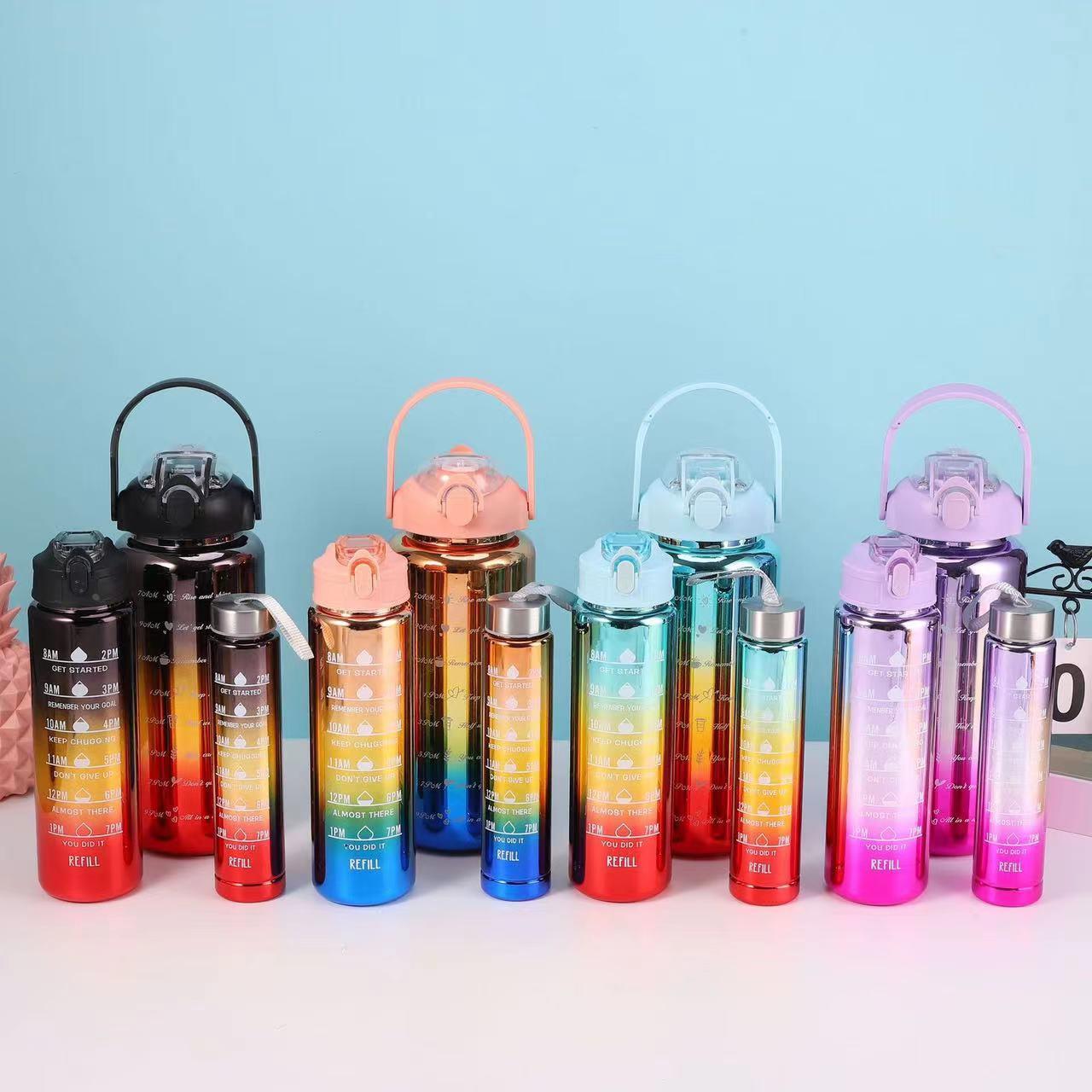 直供塑料杯电镀三件套大容量运动水壶渐变带三色炫彩水杯定制