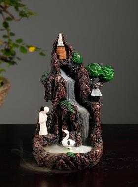 静尘跨境树脂高山流水仙鹤香薰炉创意山水倒流烟香炉家居饰品摆件