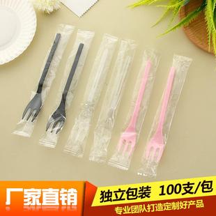 一次性塑料黑色刀叉勺 定 长柄罐头透明水果叉 试吃三指叉独立包装